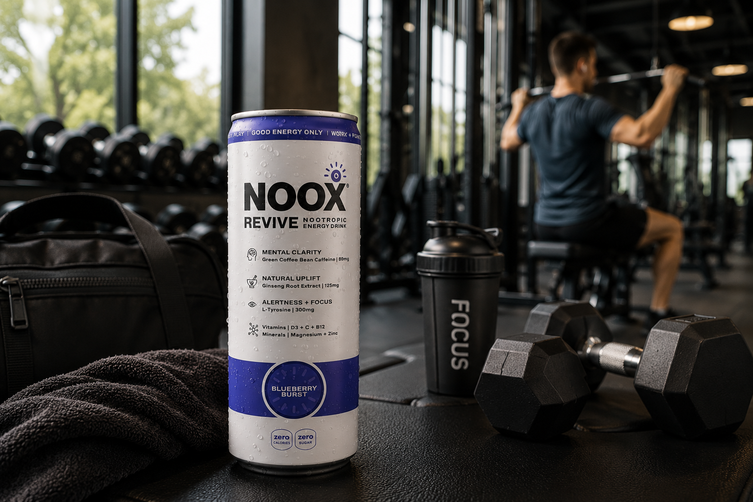 NOOX Revive blueberry can in a gym