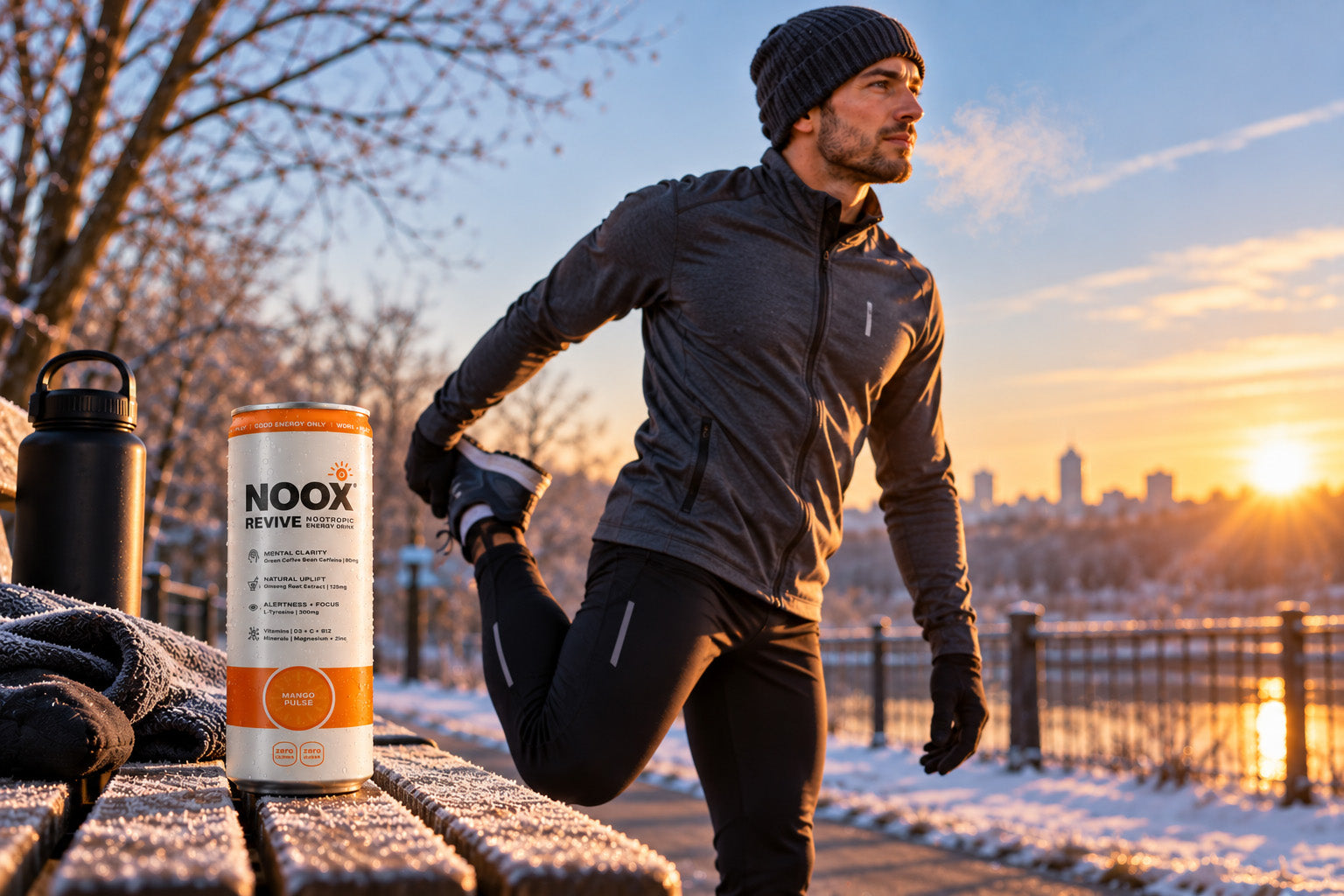 Winter arc - male runner warming up outside in the cold with a NOOX