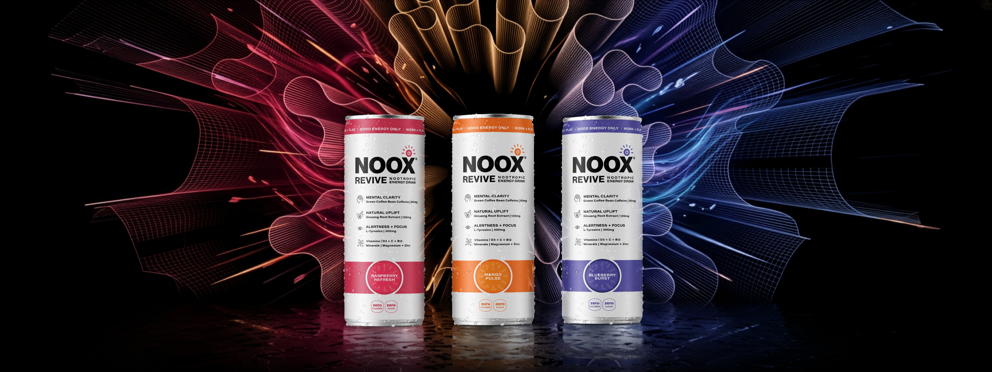 Three NOOX energy drink cans with colorful abstract designs in the background.